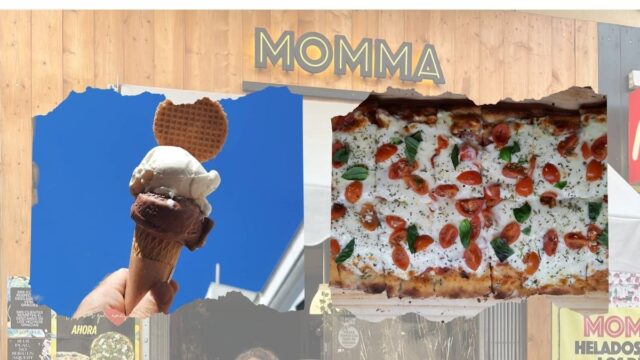 Gelat i pizza de del local Momma Gelateria i pizzeria de Premià de Mar. Foto: Collage propi